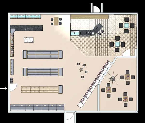 Grundriss Zeichnung einer 3D Ladenplanung mit dem Ladenbau Planungsprogramm zur Planung von Ladeneinrichtungen