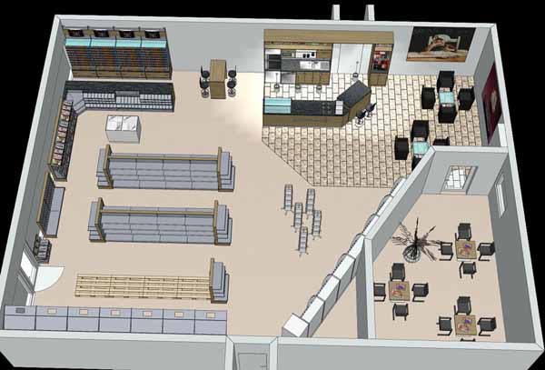 Perspektive Ansicht Zeichnung einer 3D Ladenplanung mit dem Ladenbau CAD Software Programm als Ladenplaner zur Planung von Ladeneinrichtungen, Regalen und Shops